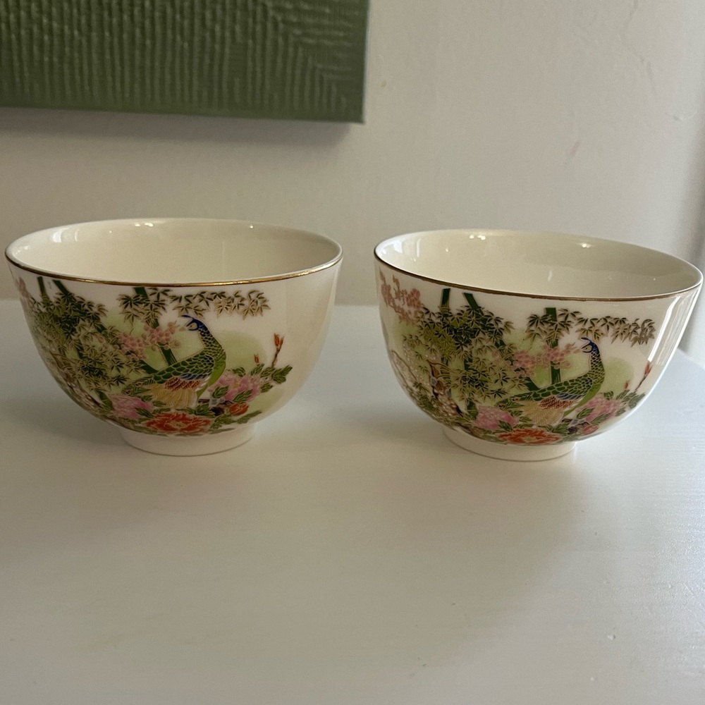 Vintage Chinoiserie peacock designs small bowls cups 2 pc.